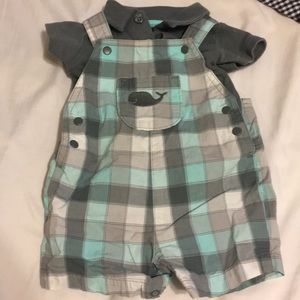 Gray and blue overalls whale summer boys preppy
